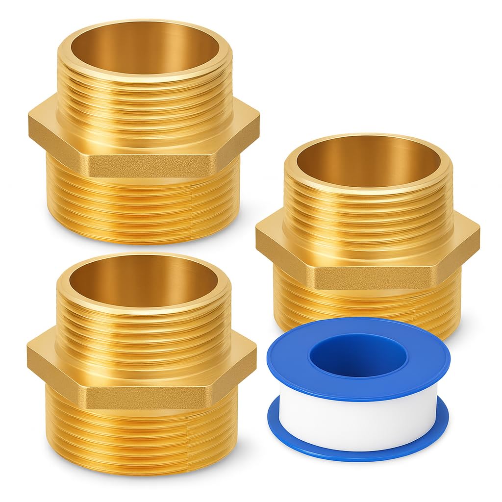 PipeSan Réduction 1/2″ → 3/4″ BSP – Laiton CW617N – Hexagonal – Lot de 3 + PTFE – Eau/Gaz/Huile/Air – 10 bar / 120 °C